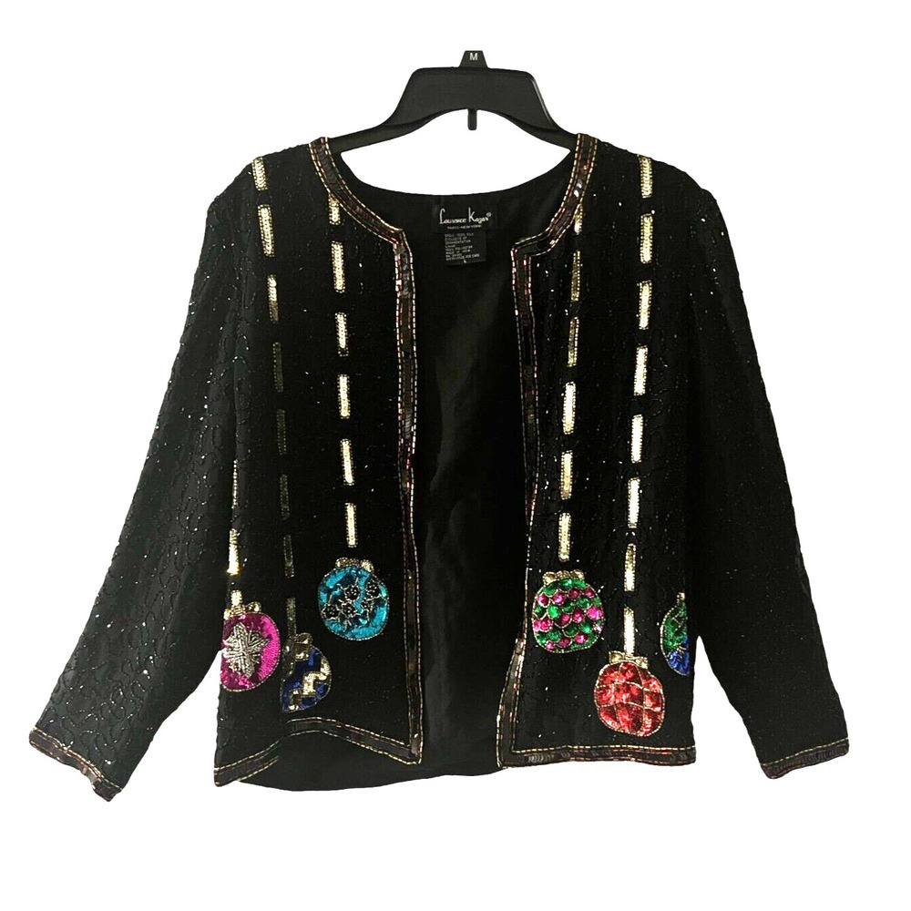 Laurence Kazar‎ Vtg Womens 100% Silk Jacket Sz L Festive Y2K Beaded Sequins